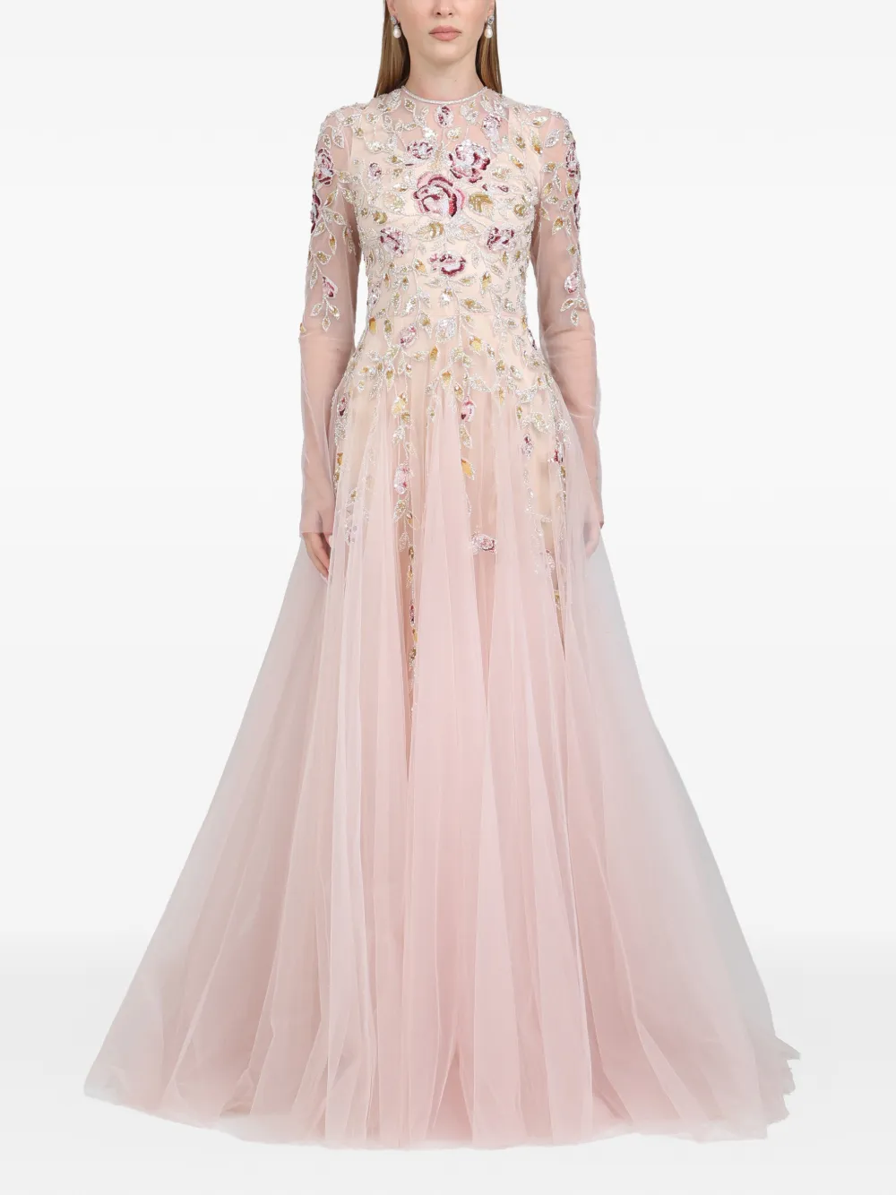 Dina Melwani leaf-embroidered gown maxi dress - Rosa