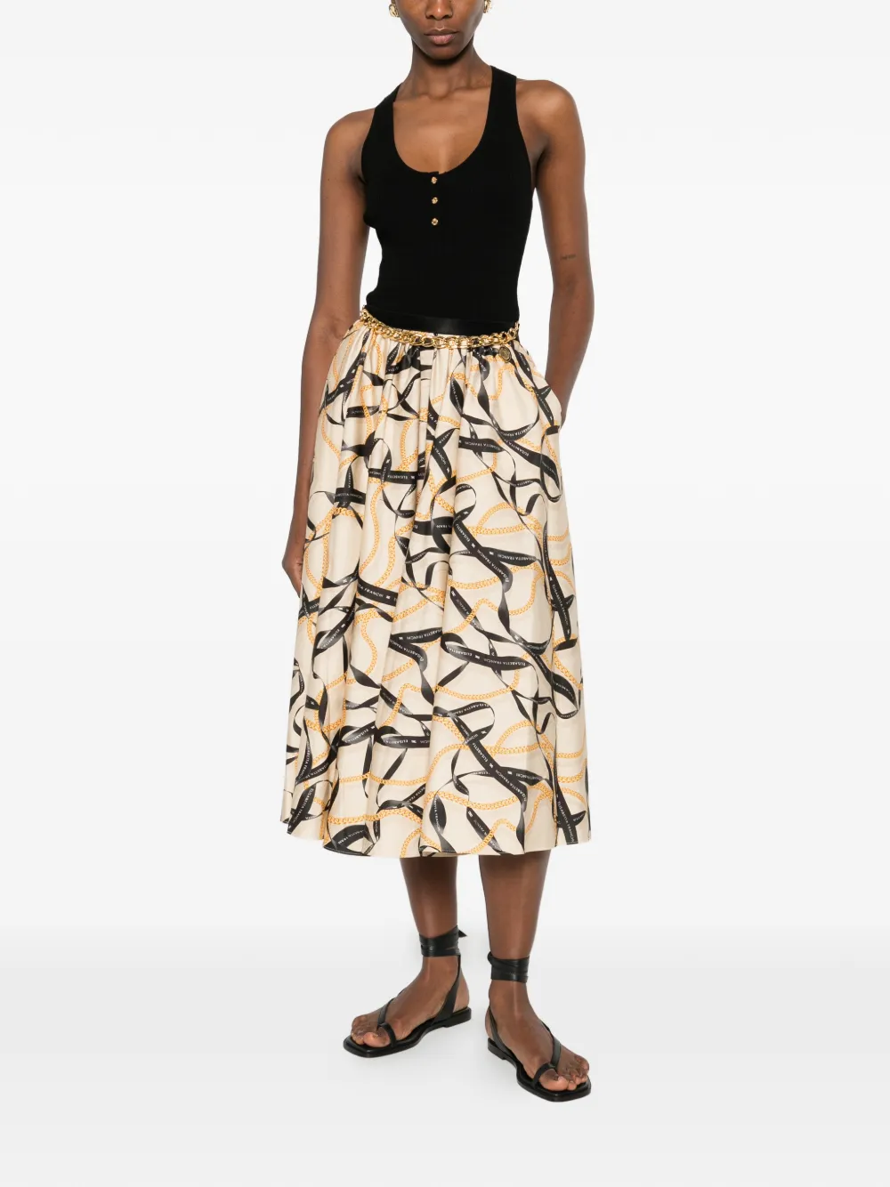 Elisabetta Franchi Katoenen rok met lint- en ketting-print Beige