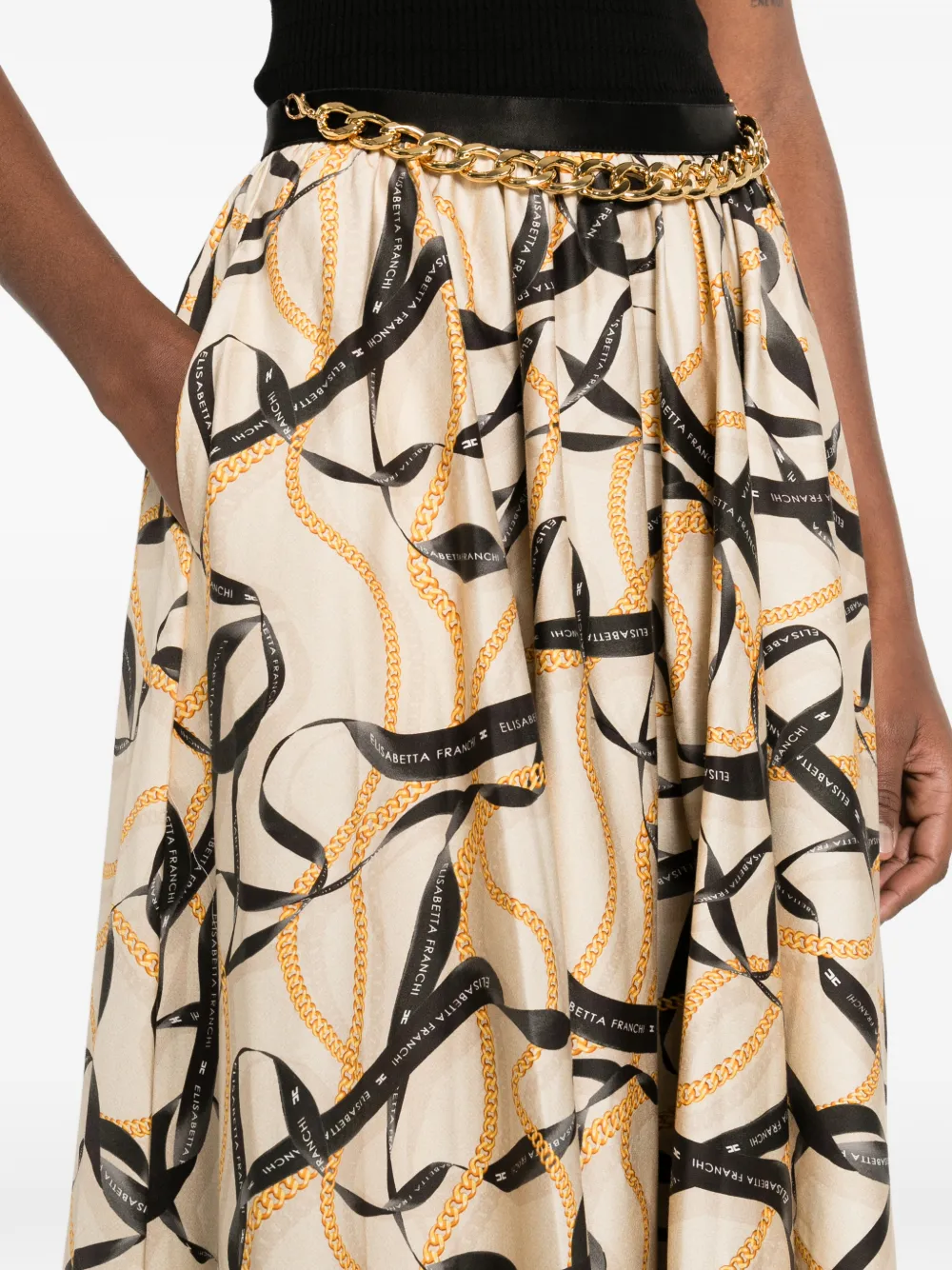 Elisabetta Franchi Katoenen rok met lint- en ketting-print Beige