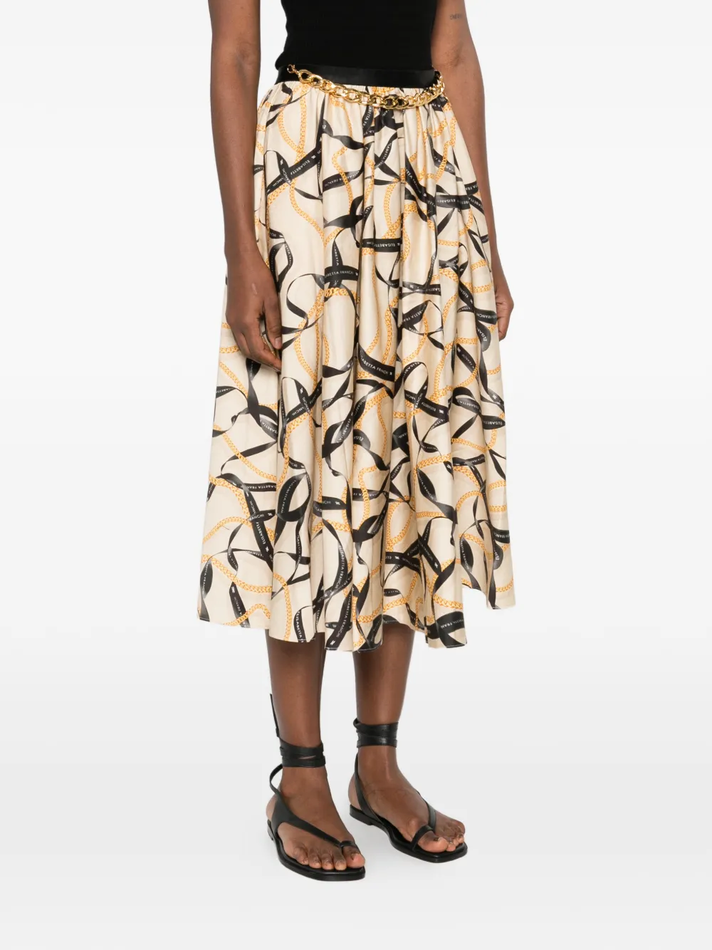 Elisabetta Franchi Katoenen rok met lint- en ketting-print Beige