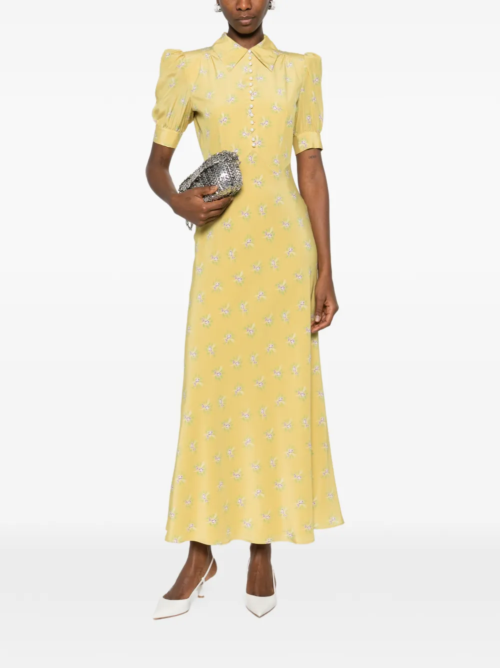  Alessandra Rich Collared Floral Maxi Dress - Yellow 