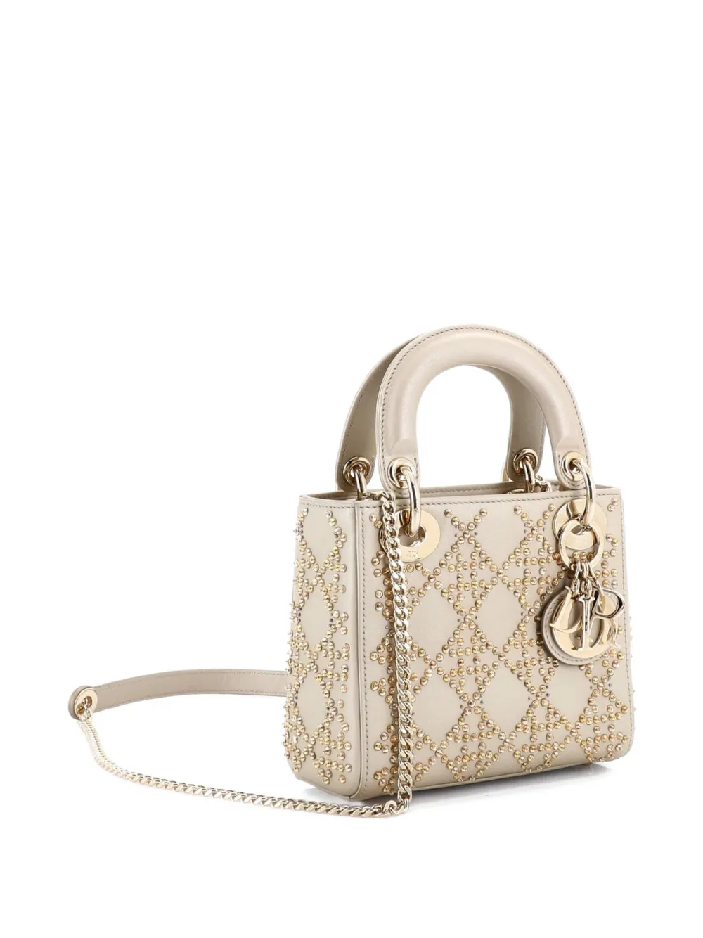  Christian Dior Pre-owned Lady Dior Chain Bag Crystal Embellished Cannage Quilt Leather Mini Satchel - Gold 