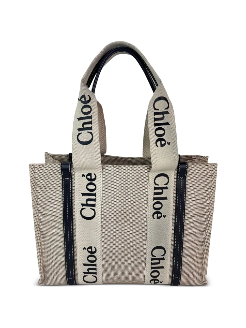Chloé Vintage medium Woody ribbon-trim canvas tote bag - Neutrals