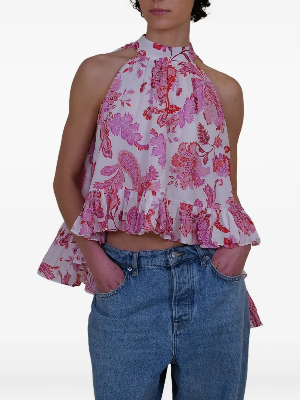 AZEEZA Plath top met paisley-print en ruches Wit