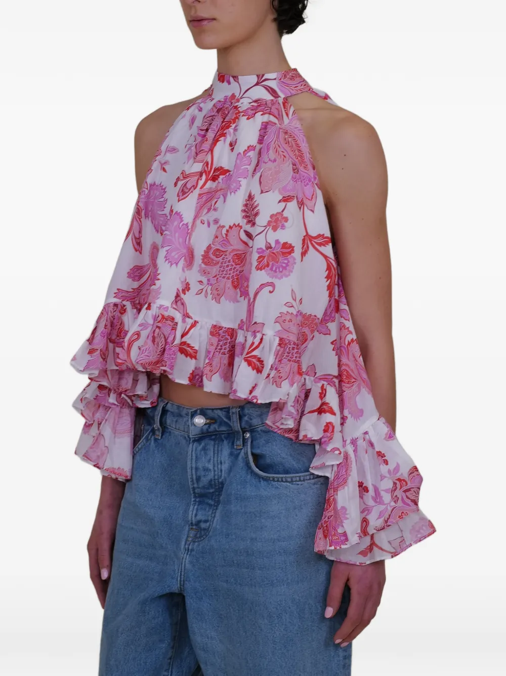 AZEEZA Plath top met paisley-print en ruches Wit