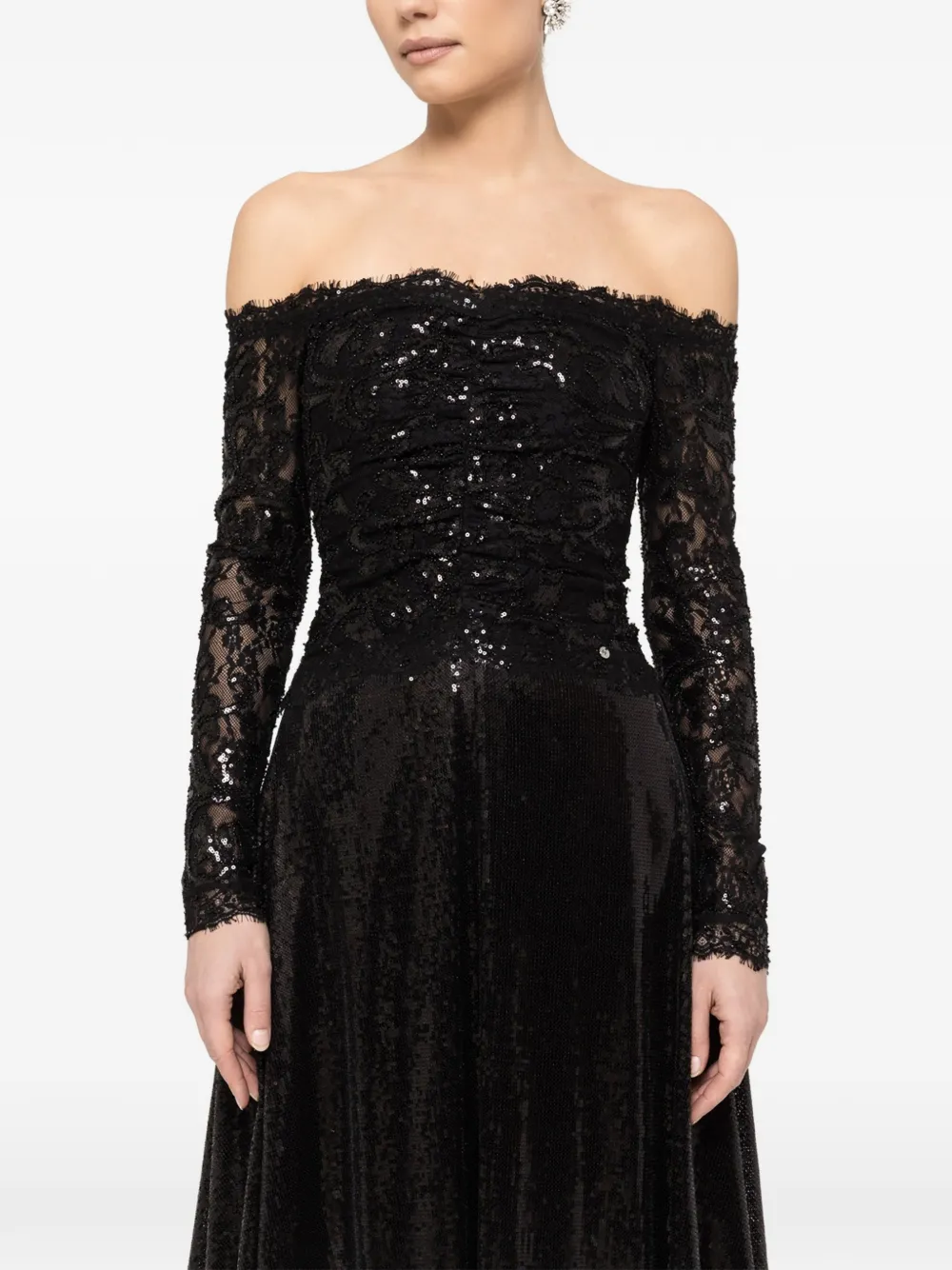 NISSA sequin-embellishment off-shoulder midi dress - Nero