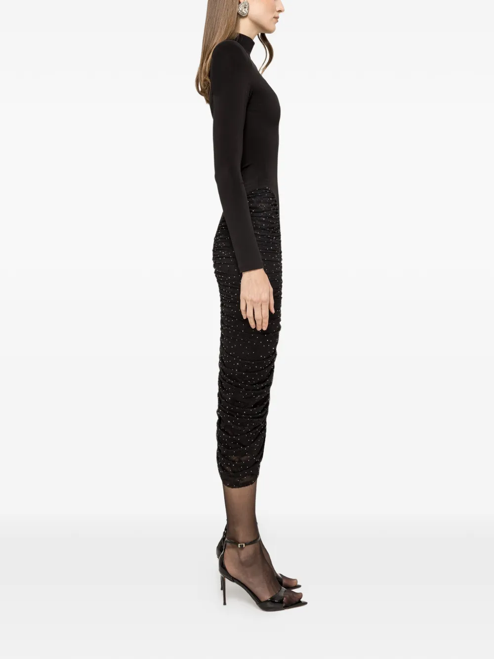 NISSA rhinestone-embellishment ruched midi dress - Zwart