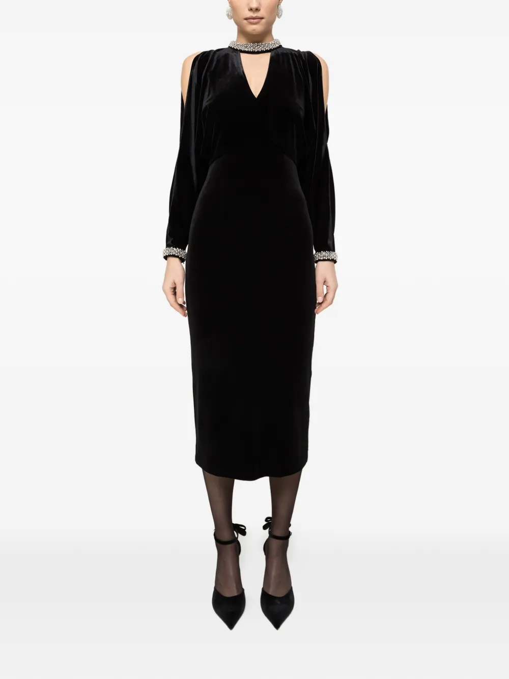 NISSA crystal velvet midi dress - Zwart