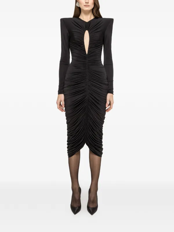 black ruched midi dress Venice Spaghetti straps Mesh bodice Ruching detail Underwire padding Hidden zipper closure Lined Stretchy Fabric Reiss Stretch Lyocell Ruched Midi