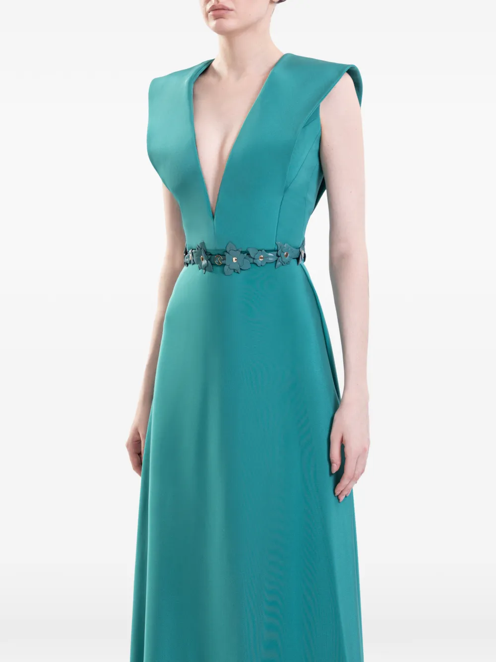 Saiid Kobeisy Maxi-jurk met bloemenriem en V-hals Blauw