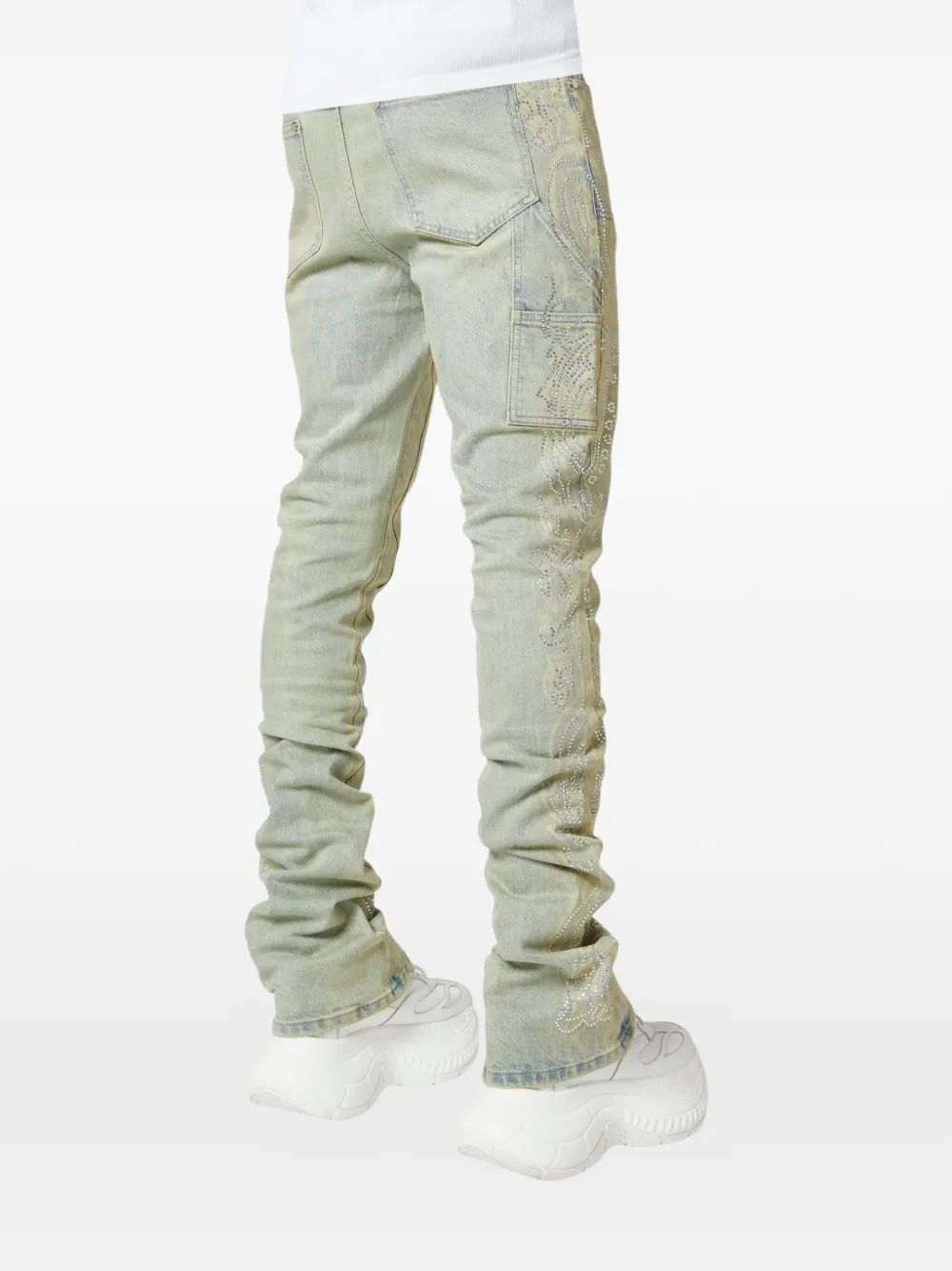 Crystal-Studded Paisley-Print Jeans