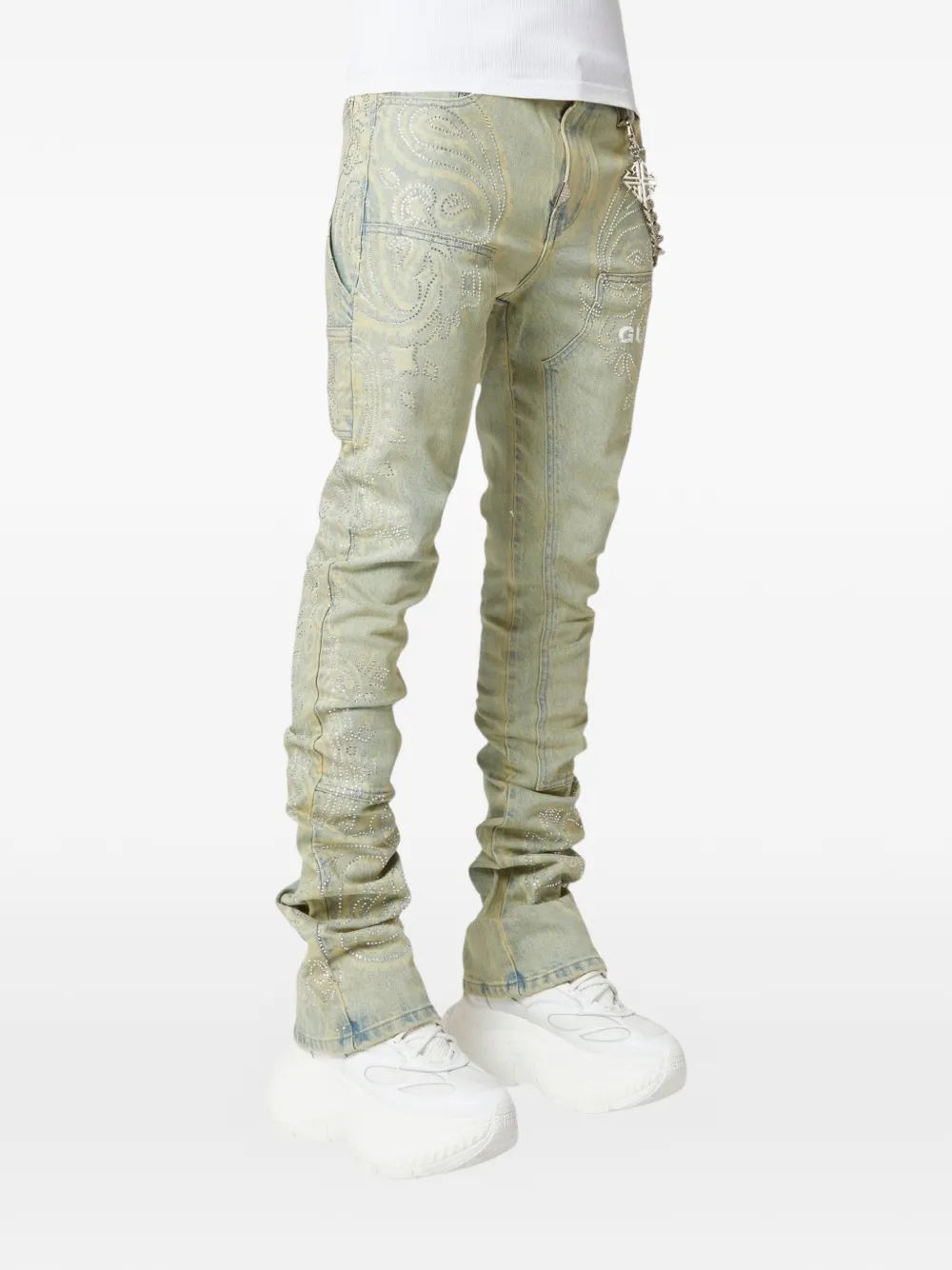 Crystal-Studded Paisley-Print Jeans