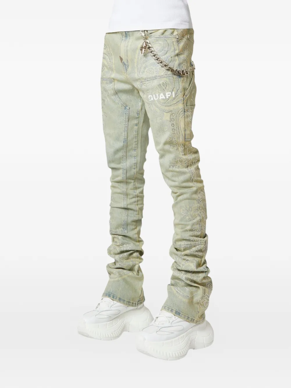 Crystal-Studded Paisley-Print Jeans