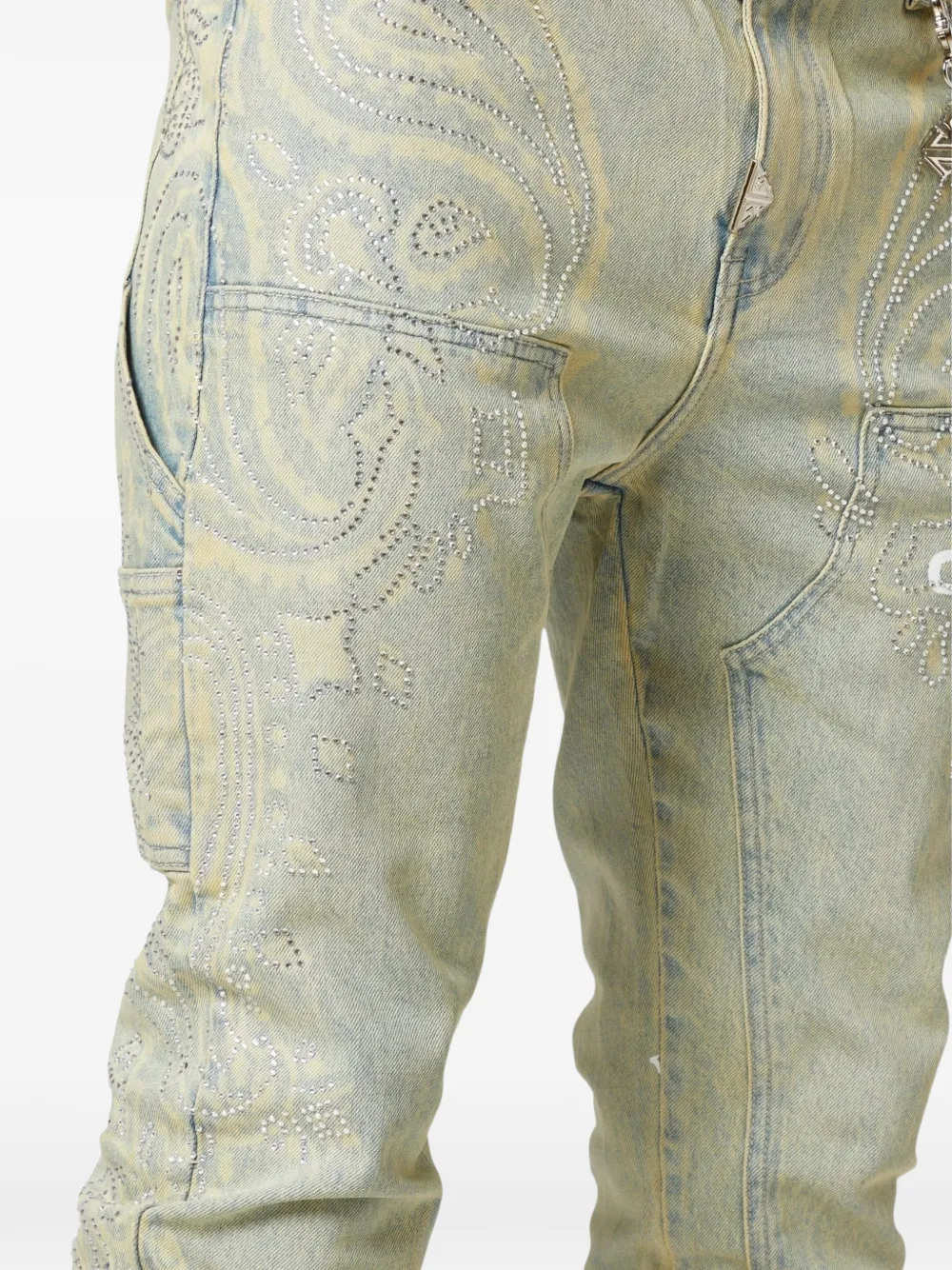 Crystal-Studded Paisley-Print Jeans