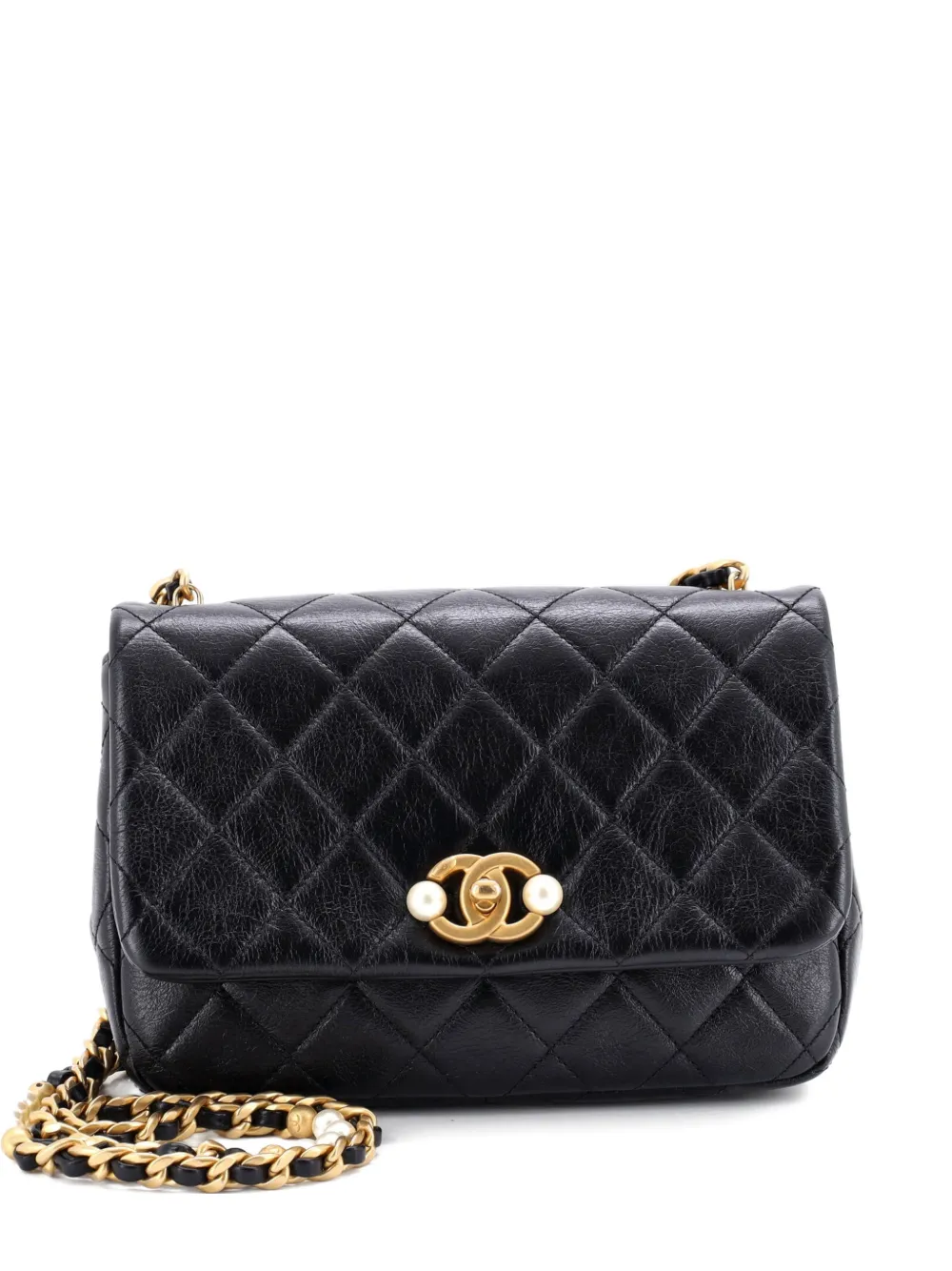 CHANEL Pre-Owned CC Pearl Section Chain Flap Bag Quilted Calfskin Small shoulder bag - Nero