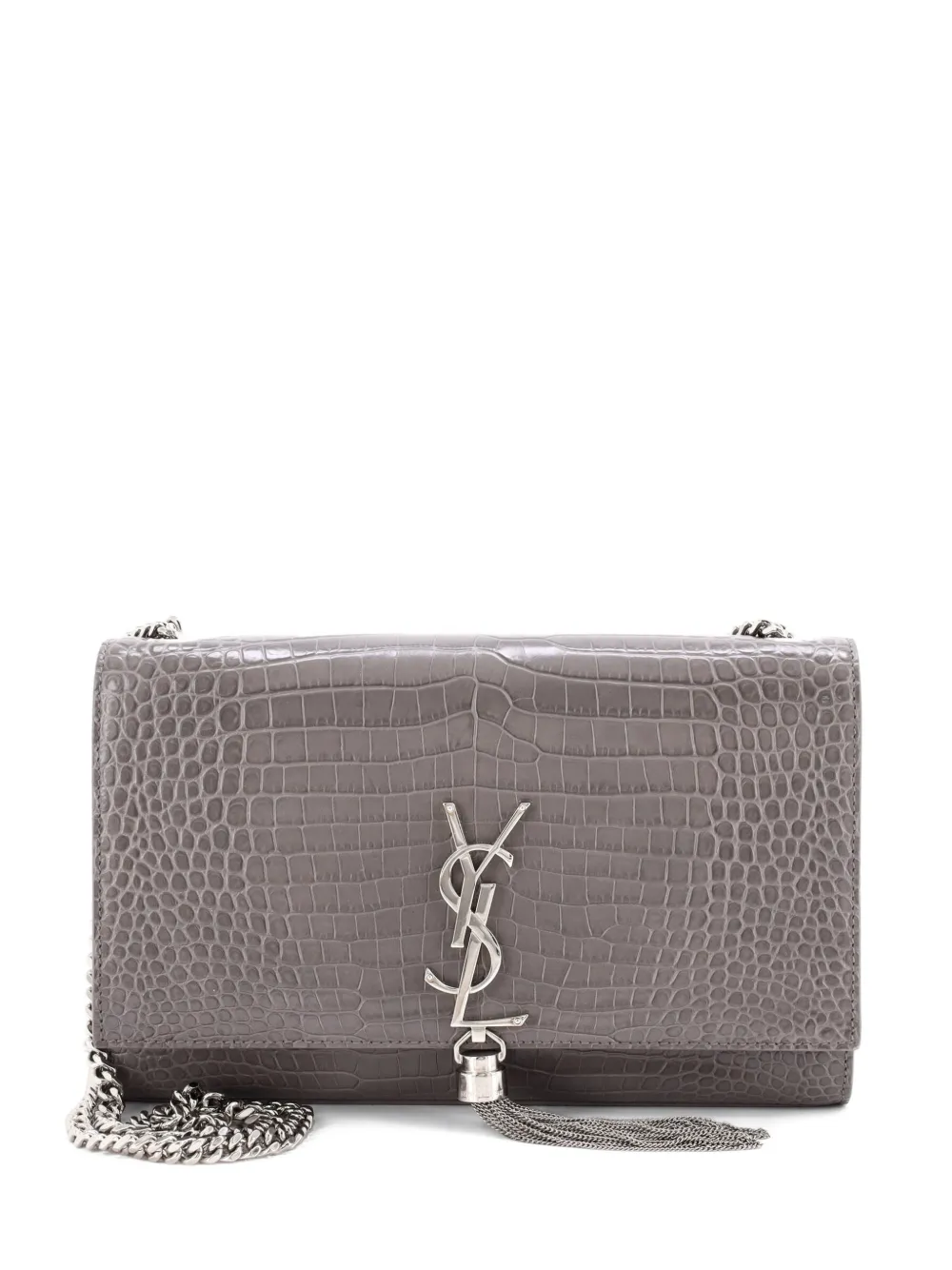 Saint Laurent Pre-Owned Borsa a tracolla media Classic Monogram in pelle goffrata effetto coccodrillo con nappa - Grigio