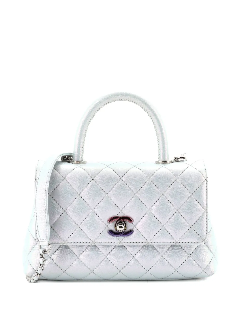 CHANEL Pre-Owned Borsa a spalla Coco mini in pelle Caviar iridescente trapuntata con manico e dettagli sfumati - Argento