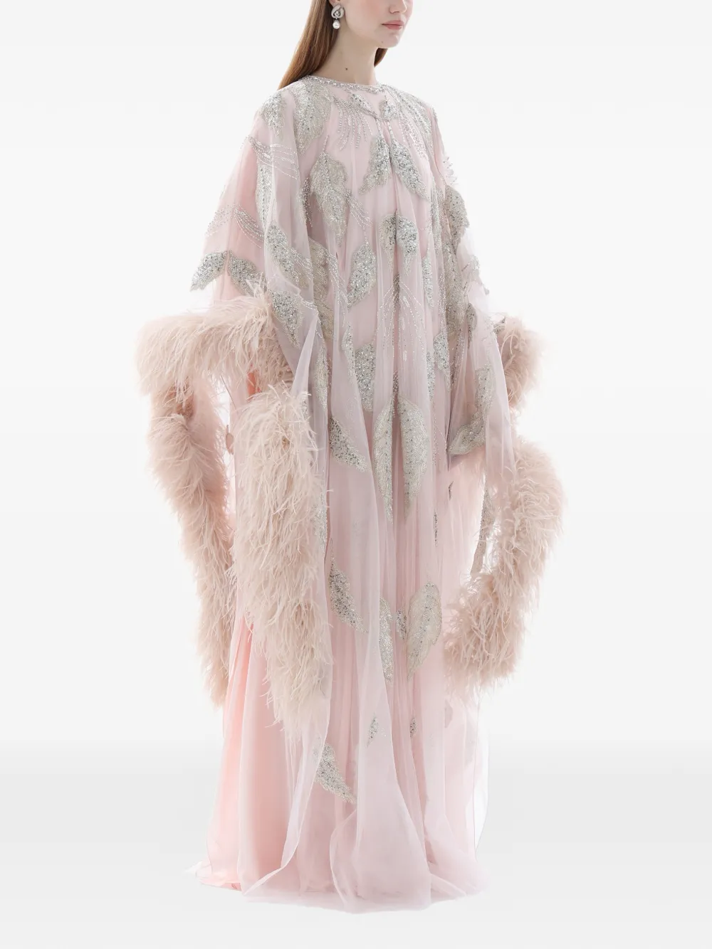 Dina Melwani feather-trim crystal-embroidered maxi dress - Roze