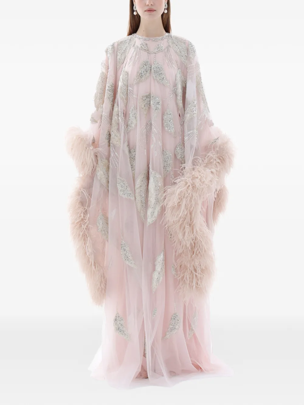 Dina Melwani feather-trim crystal-embroidered maxi dress - Rosa