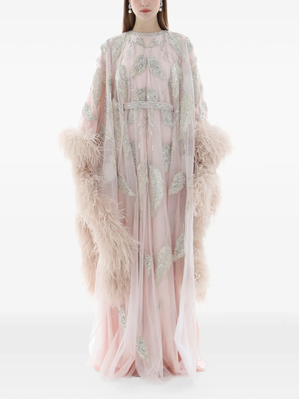 Dina Melwani feather-trim crystal-embroidered maxi dress - Rosa