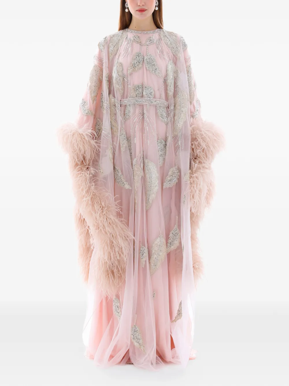 Dina Melwani feather-trim crystal-embroidered maxi dress - Rosa