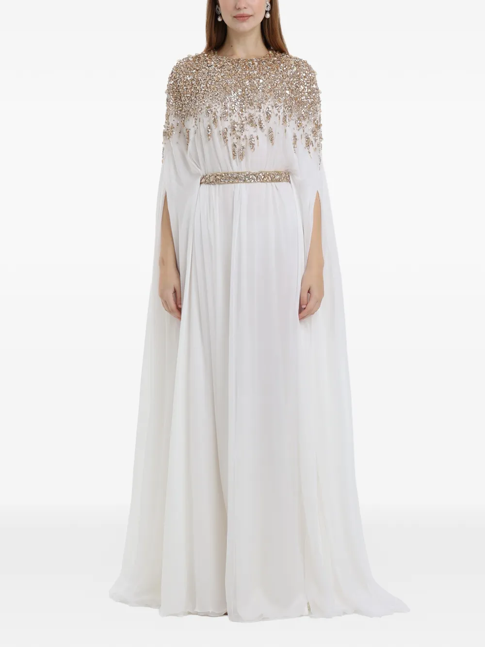 Dina Melwani crystal-embellished cape-sleeve maxi dress - Bianco