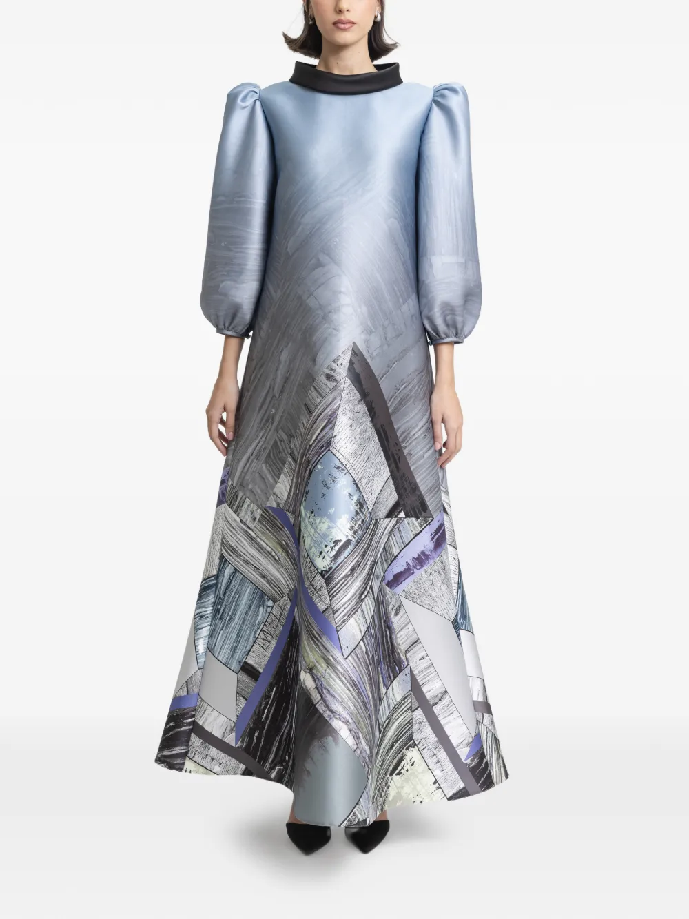 Gemy Maalouf Geometrische maxi-jurk met pofmouwen Blauw