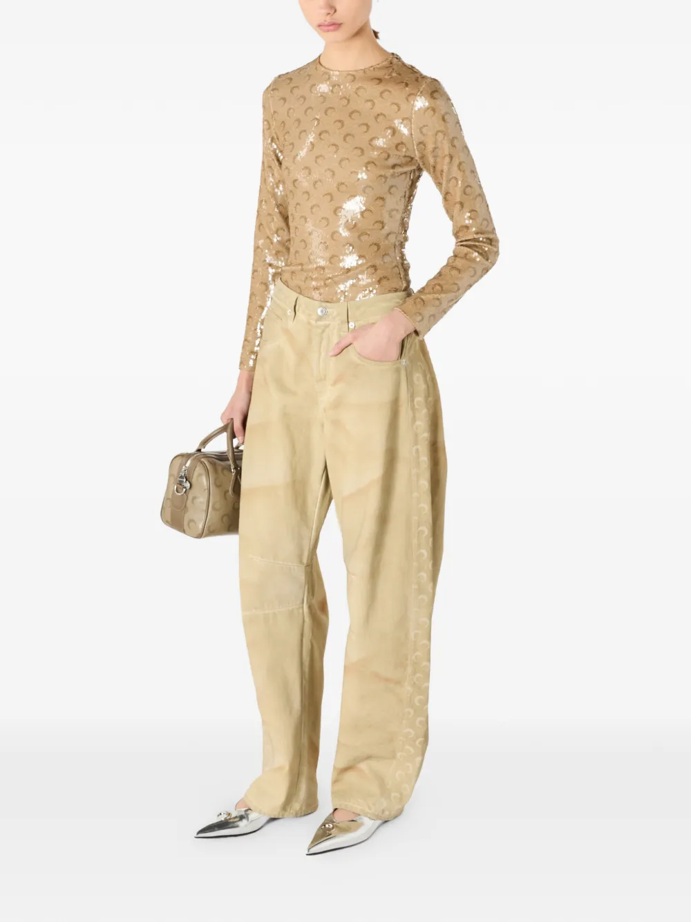 Marine Serre Jeans met vervaagd effect en maan-print Beige
