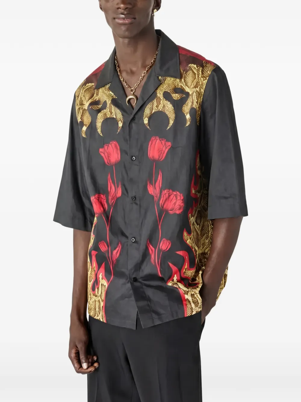 Marine Serre Bowlingshirt met bloemenprint Zwart
