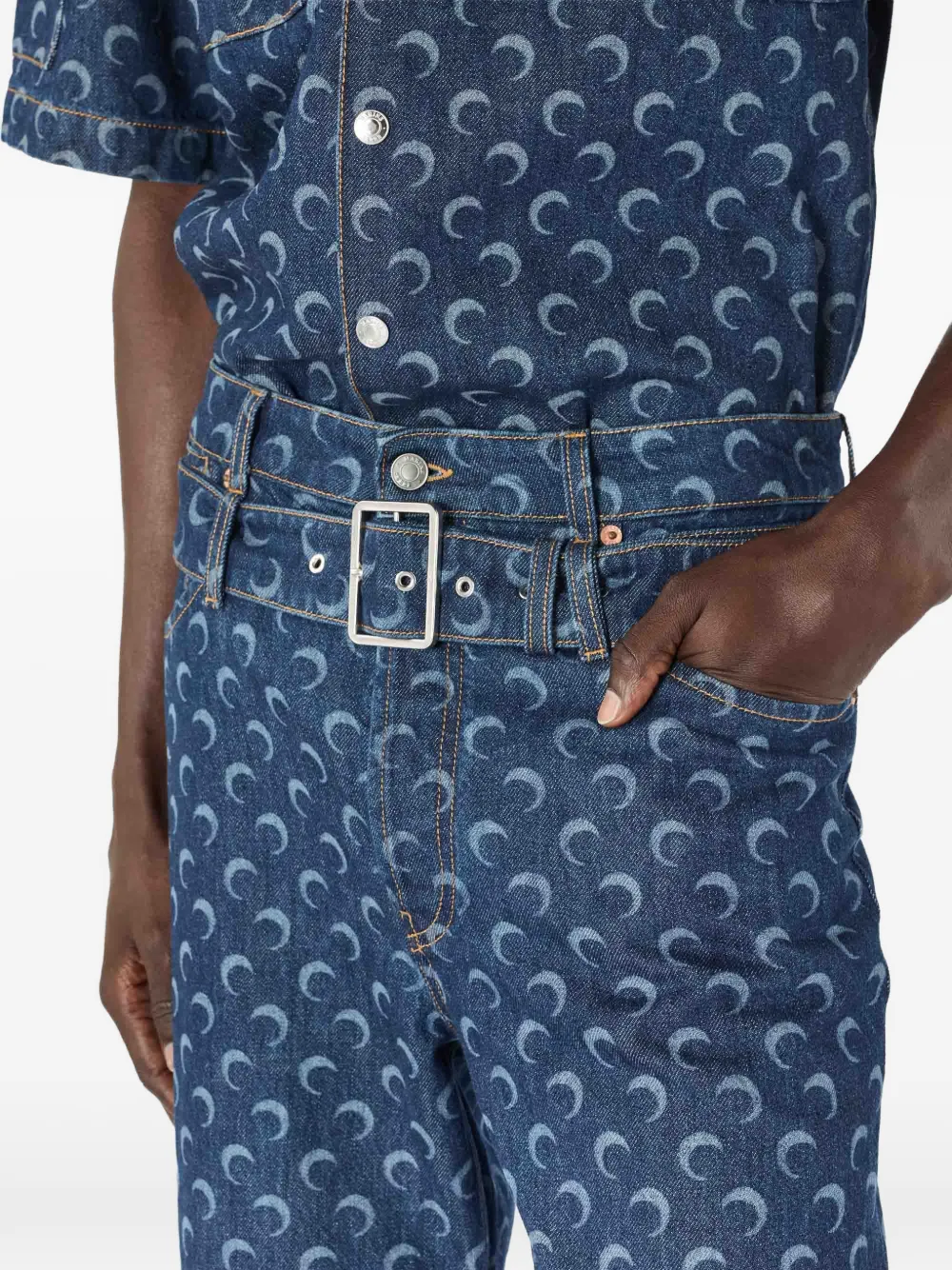 Marine Serre Jeans met ceintuur en wassende maanprint Blauw