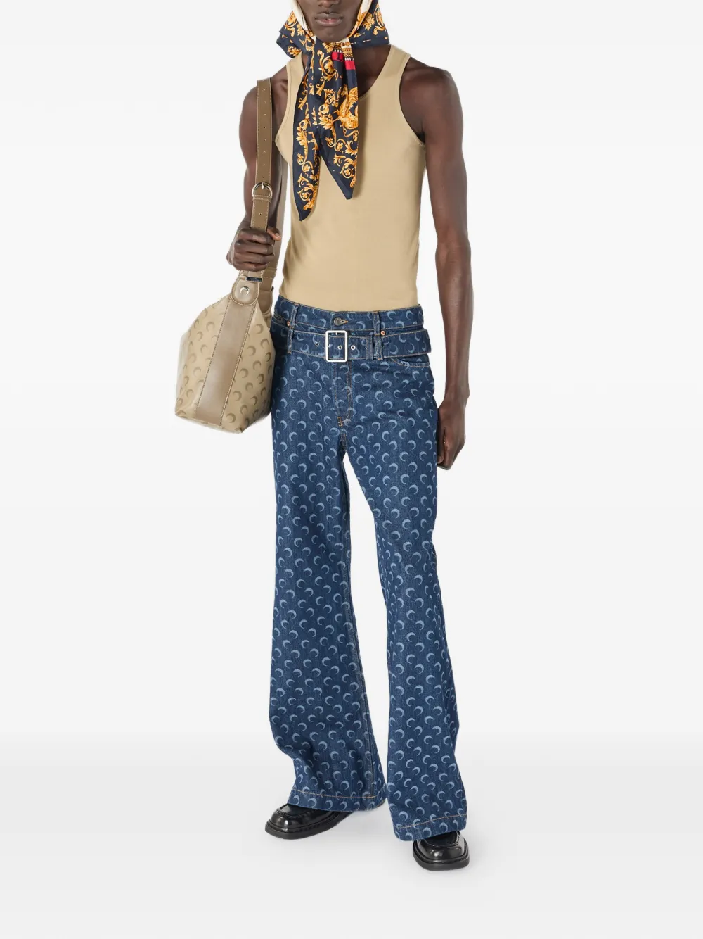 Marine Serre Jeans met ceintuur en wassende maanprint Blauw