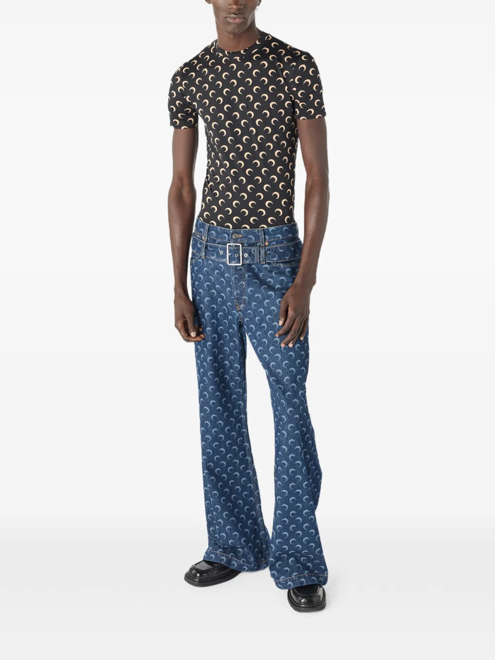 Marine Serre Jeans met ceintuur en wassende maanprint Blauw