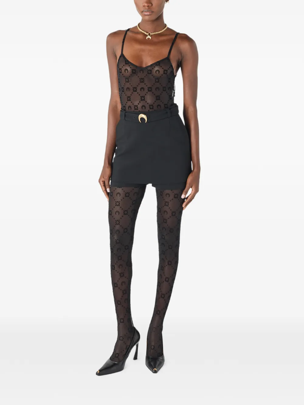Marine Serre Top met mesh bandjes en monogram Zwart