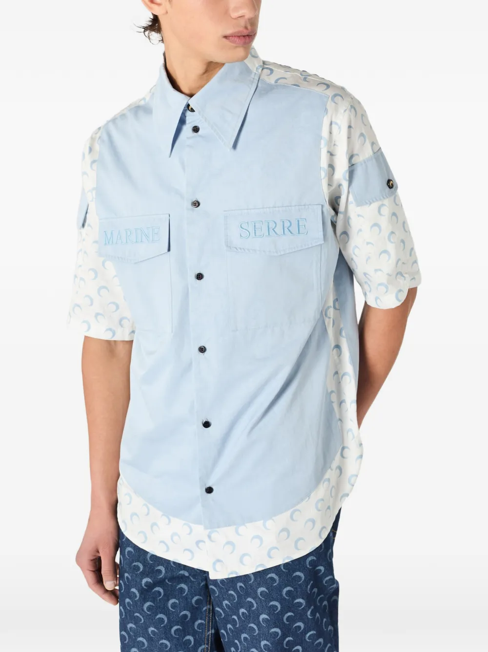 Marine Serre Overhemd met korte mouwen en contrasterende maanprint Blauw