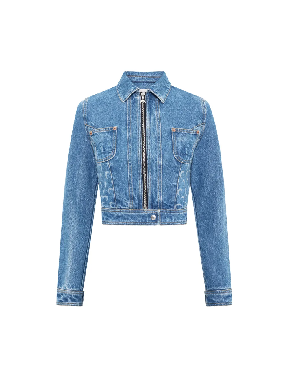 Marine Serre Moon-print cropped denim jacket - Blau