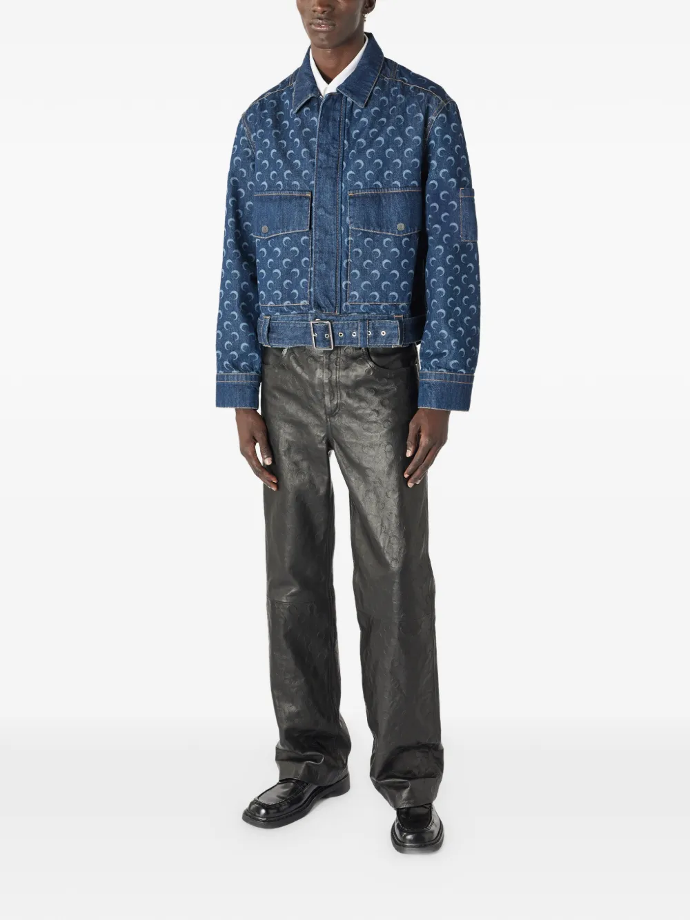 Marine Serre Denim jack met print en ceintuur Blauw