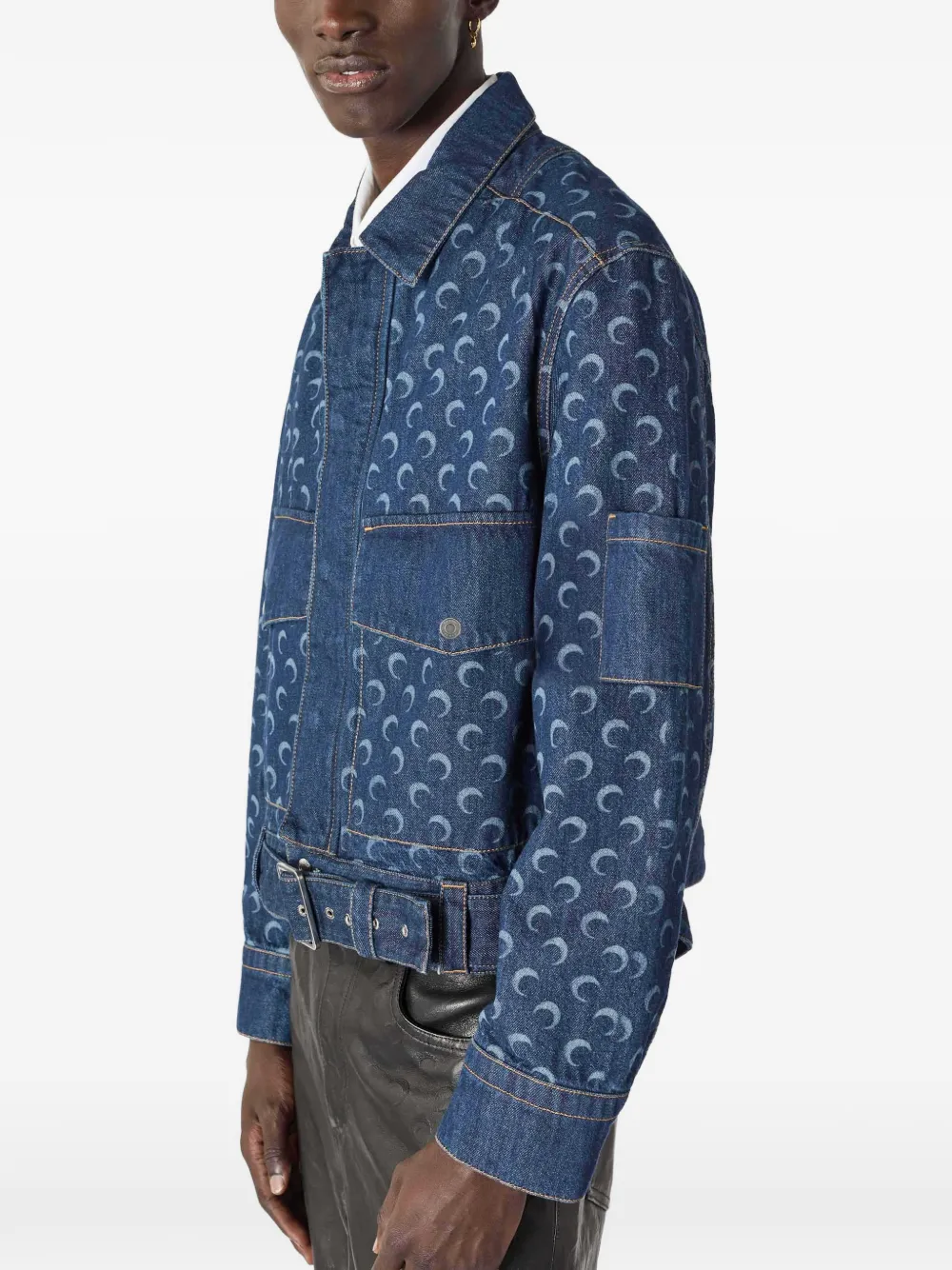Marine Serre Denim jack met print en ceintuur Blauw