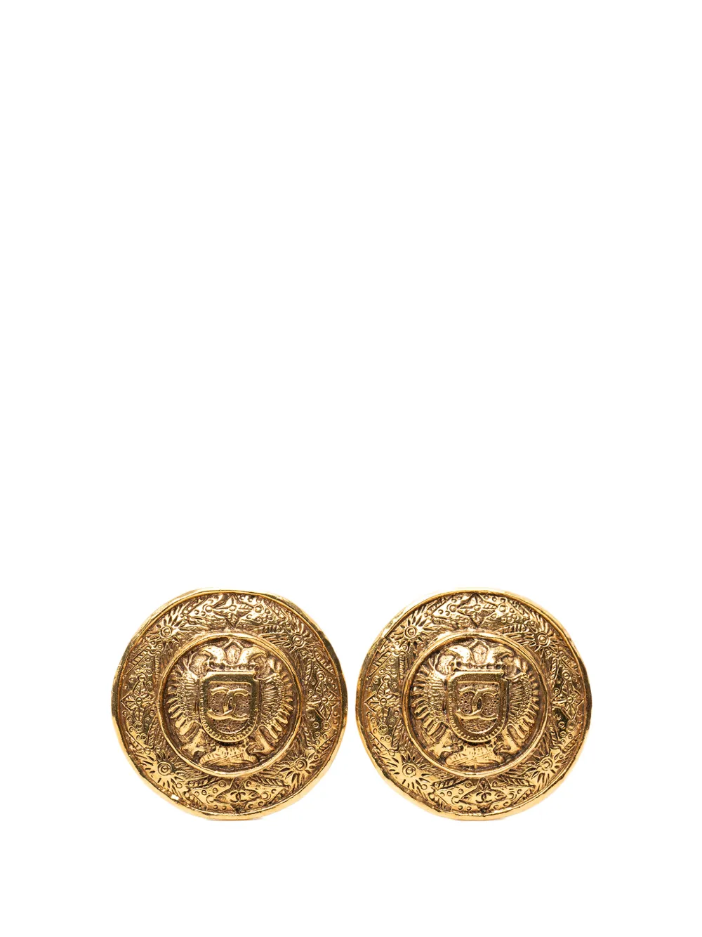 CHANEL Pre-Owned 1970-1980 CC Gold Plated Crest Round Clip On Earrings costume earrings - Oro