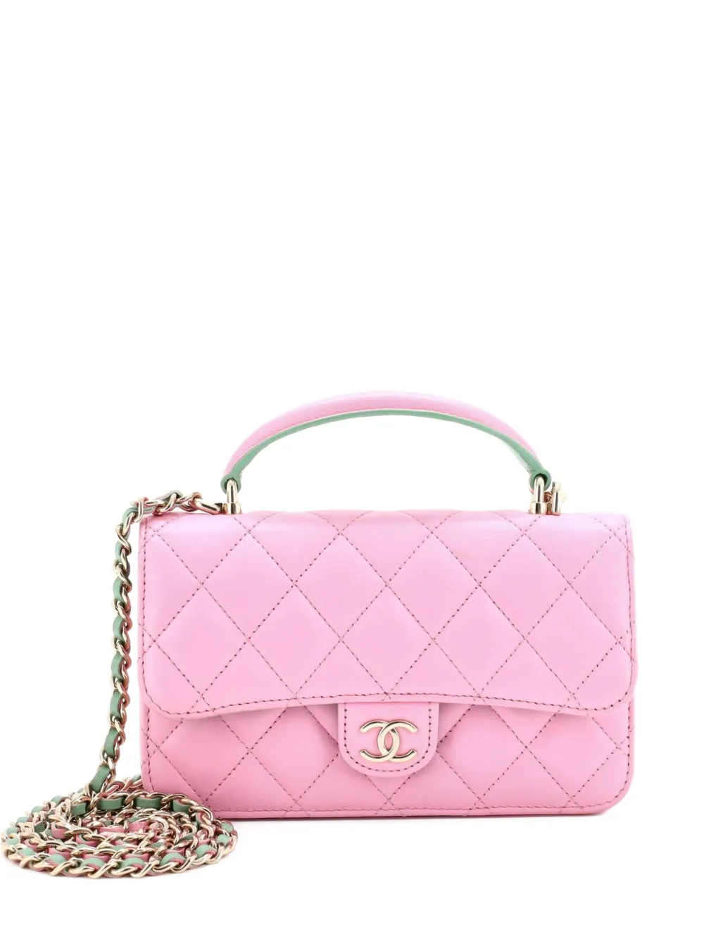 CHANEL Pre-Owned Classic Top Handle Flap Phone Holder with Chain Quilted Lambskin crossbody bag - Rosa