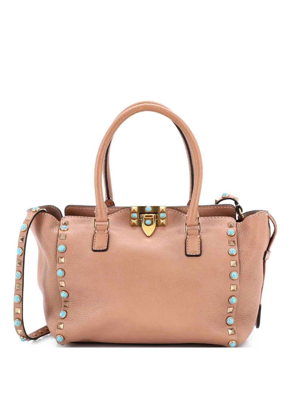 Valentino Garavani Pre-Owned Rolling Rockstud Leather with Cabochons Small tote bag - Toni neutri