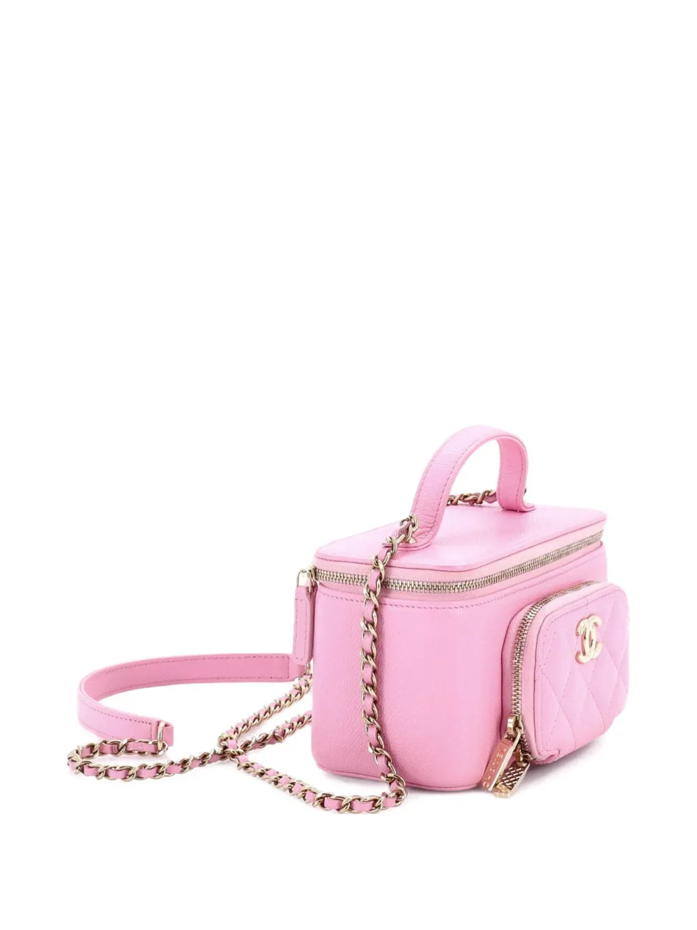  Chanel Pre-owned Business Affinity Top Handle Vanity Case With Chain Quilted Caviar Small Satchel - Pink 