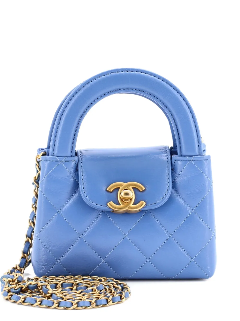 CHANEL Pre-Owned Kelly Top Handle Shopping Bag Quilted Shiny Aged Calfskin Nano crossbody bag - Blu