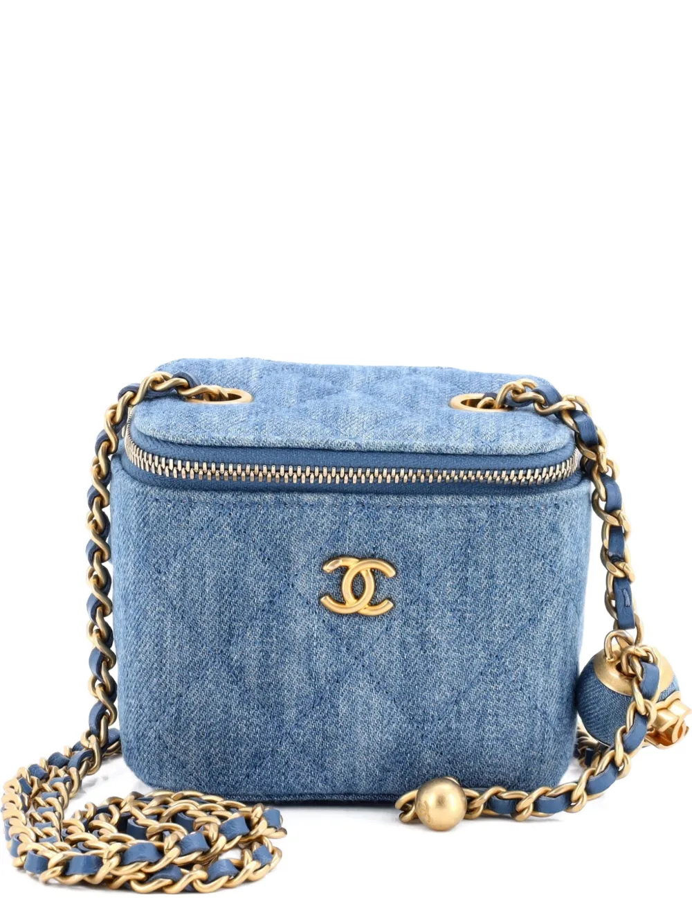 CHANEL Pre-Owned Pearl Crush Vanity Case with Chain Quilted Denim Mini clutch bag - Blu