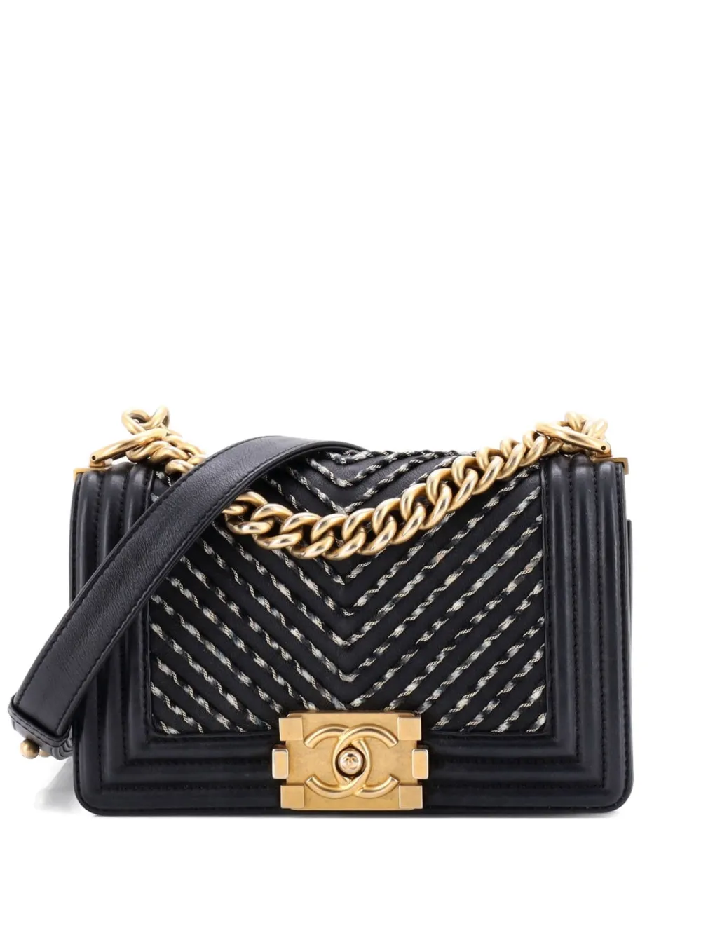 CHANEL Pre-Owned Borsa a spalla By The Sea Boy piccola in pelle di vitello con ricamo e battente - Nero