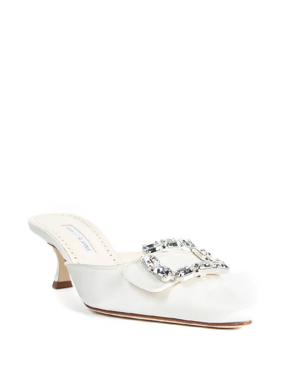 Manolo Blahnik Mayjou crystal-buckle satin mules Wit