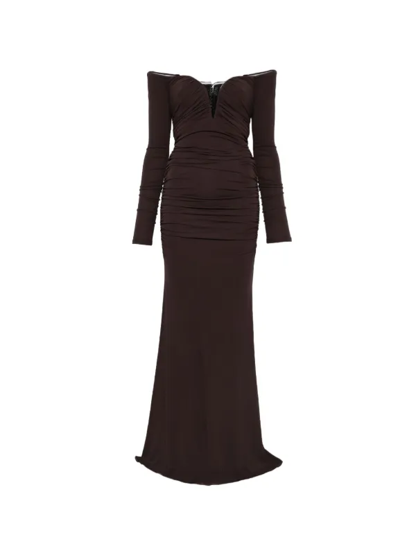 Elisabetta Franchi Red Carpet Dress In Crêpe Jersey Fabric With Drapes | Brown
