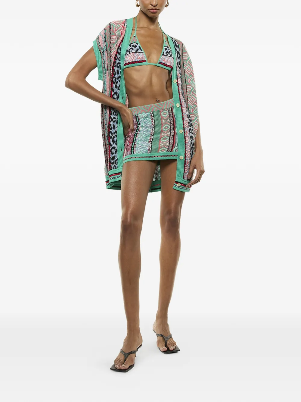  Laneus Patterned V-neck Cardigan - Green 