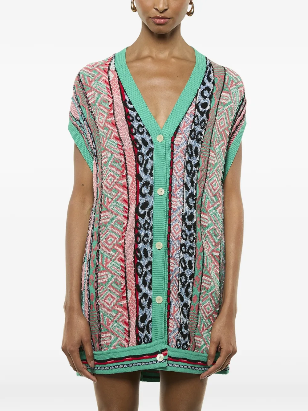 Laneus Patterned V-neck Cardigan - Green 