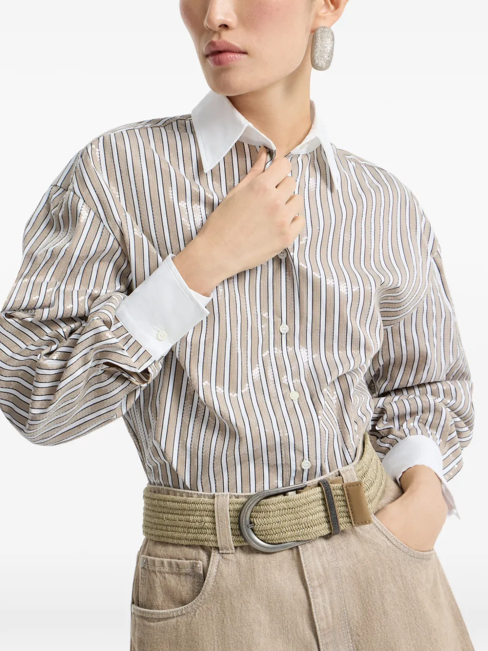 Brunello Cucinelli Gestreept katoenen blouse met kraag Beige