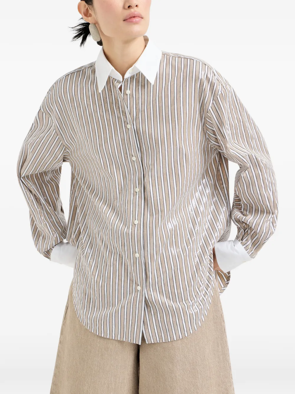 Brunello Cucinelli Gestreept katoenen blouse met kraag Beige